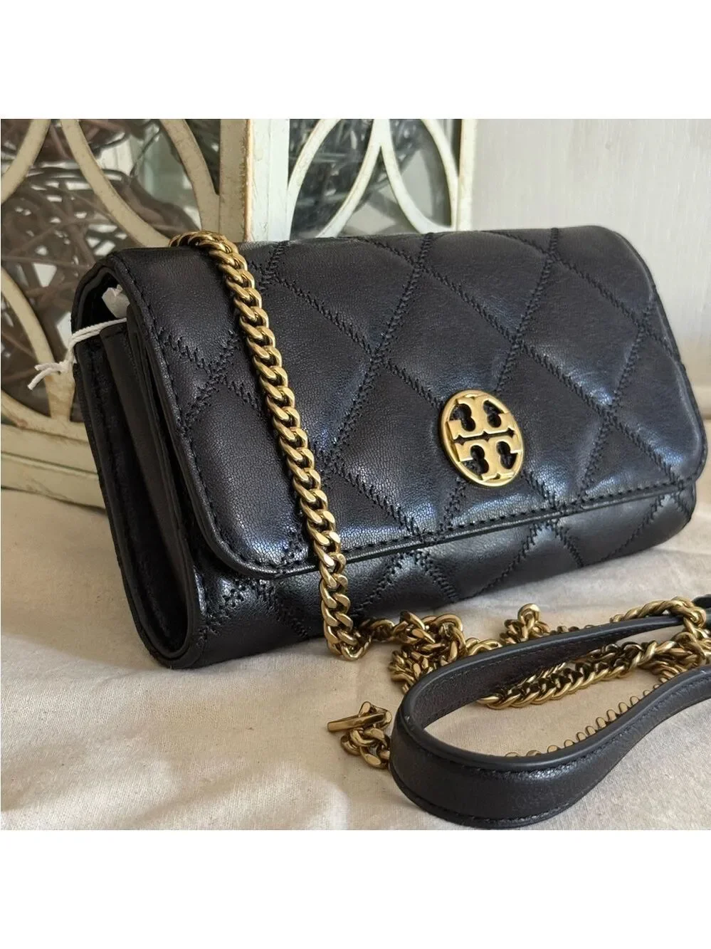 New Tory Burch Willa Diamond Quilted Soft Leather Crossbody Chain Wallet Bag,